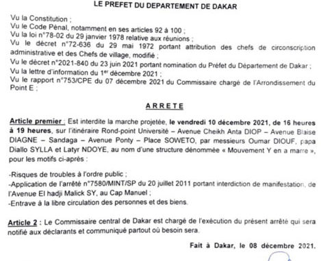 Risques de troubles à l’ordre public, le préfet de Dakar barre la route à « Y en a marre » et Cie