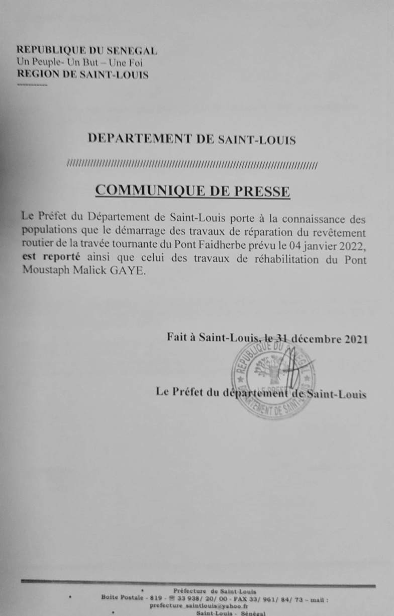 Saint-Louis : report des travaux de réfection des ponts Faidherbe et de Guet-Ndar – Communiqué Saint-Louis : report des travaux de réfection des ponts Faidherbe et de Guet-Ndar – Communiqué