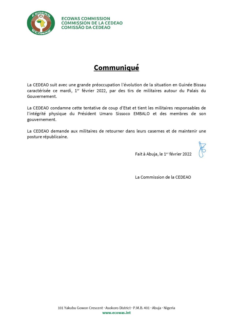Guinée Bissau : la CEDEAO réagit à la « tentative de coup d’Etat » et met garde Guinée Bissau : la CEDEAO réagit à la « tentative de coup d’Etat » et met garde