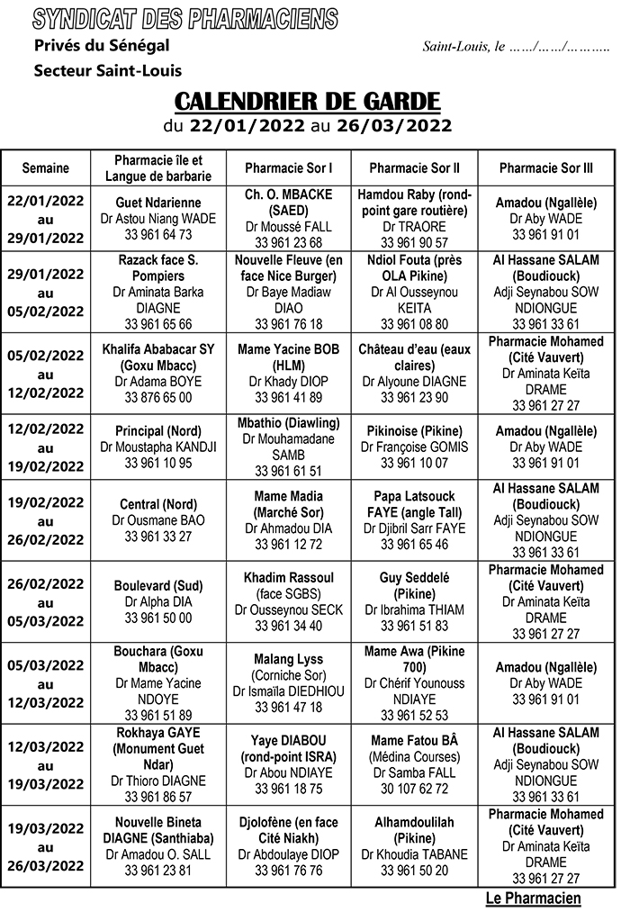 Les Pharmacies de Garde de Saint-Louis ( Janvier - Juillet 2022)