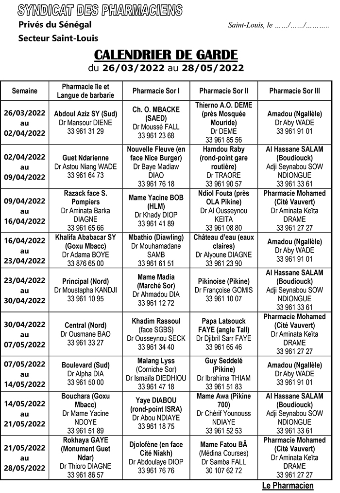 Les Pharmacies de Garde de Saint-Louis ( Janvier - Juillet 2022)