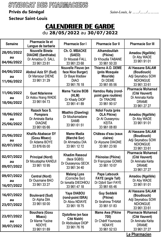 Les Pharmacies de Garde de Saint-Louis ( Janvier - Juillet 2022)