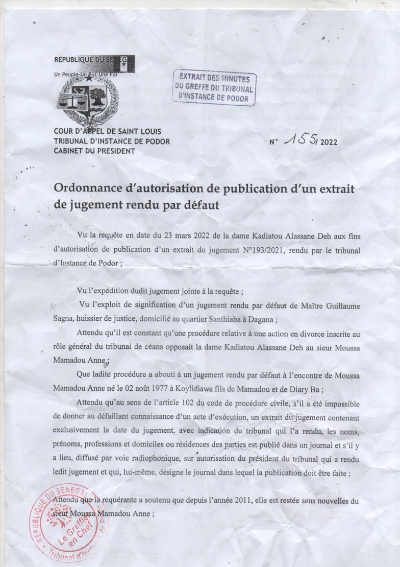 Tribunal d'instance de Podor : Extrait de jugement par défaut à l'encontre de Moussa Mamadou ANNE
