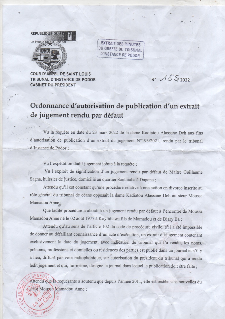 Tribunal d'instance de Podor : Extrait de jugement par défaut à l'encontre de Moussa Mamadou ANNE Tribunal d'instance de Podor : Extrait de jugement par défaut à l'encontre de Moussa Mamadou ANNE