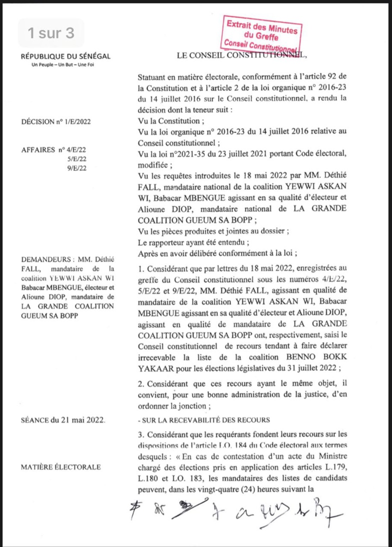 Demande d'invalidation de la liste BBY : le Conseil constitutionnel tranche Demande d'invalidation de la liste BBY : le Conseil constitutionnel tranche