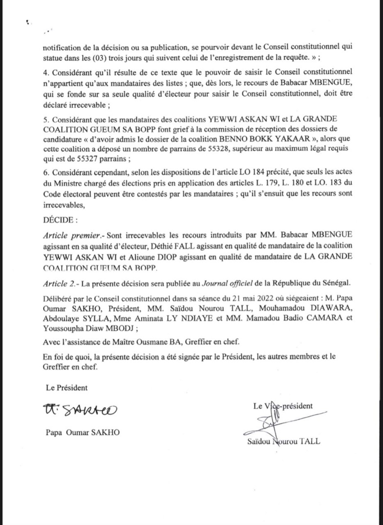 Demande d'invalidation de la liste BBY : le Conseil constitutionnel tranche Demande d'invalidation de la liste BBY : le Conseil constitutionnel tranche