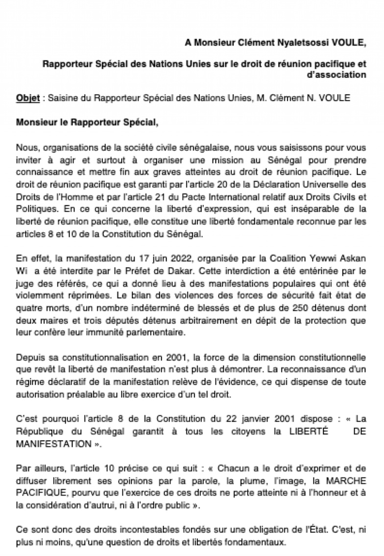 " Graves atteintes au droit de réunion pacifique " : la société civile saisit le rapporteur Spécial des Nations-Unies " Graves atteintes au droit de réunion pacifique " : la société civile saisit le rapporteur Spécial des Nations-Unies