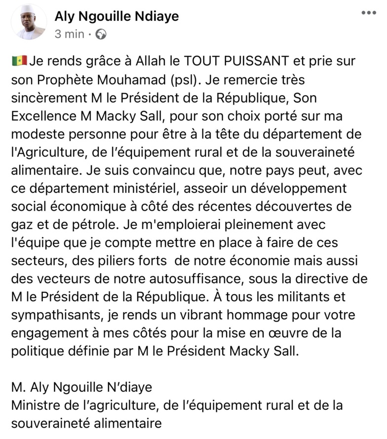 Les premiers mots de Aly Ngouille NDIAYE, nouveau de l'agriculture