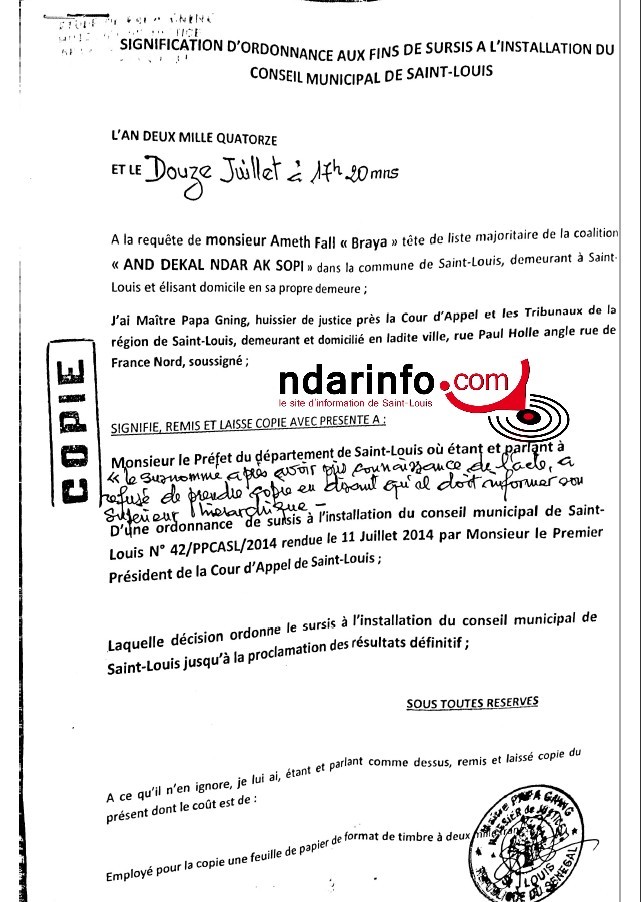 DOCUMENTS EXCLUSIFS : L’ordonnance de sursis délivrée à Ahmet FALL BRAYA et l’autorisation d’installation du Conseil municipal remise au camp de Mansour FAYE.