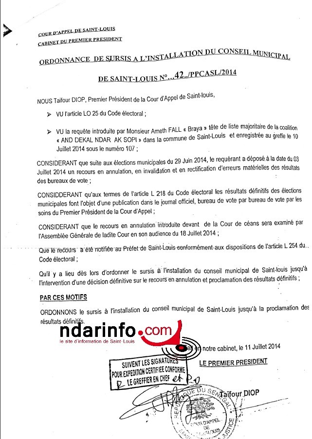 DOCUMENTS EXCLUSIFS : L’ordonnance de sursis délivrée à Ahmet FALL BRAYA et l’autorisation d’installation du Conseil municipal remise au camp de Mansour FAYE.