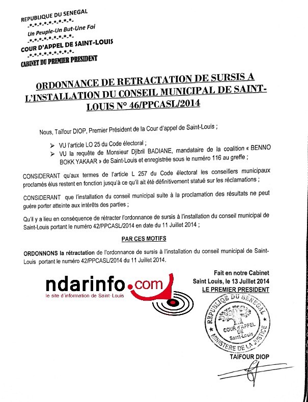DOCUMENTS EXCLUSIFS : L’ordonnance de sursis délivrée à Ahmet FALL BRAYA et l’autorisation d’installation du Conseil municipal remise au camp de Mansour FAYE.