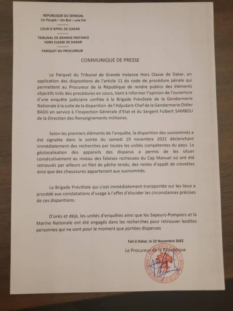 Disparition suspecte de deux hommes de tenue : Le procureur révèle ! Disparition suspecte de deux hommes de tenue : Le procureur révèle !