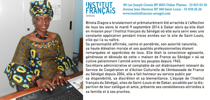 L'Institut Français rend hommage à Bineta DIAGNE L'Institut Français rend hommage à Bineta DIAGNE