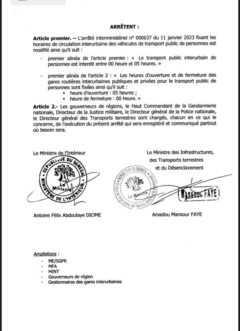 Transport public et privé : modification des horaires de circulation interurbaine et les heures de fermeture des gares routières