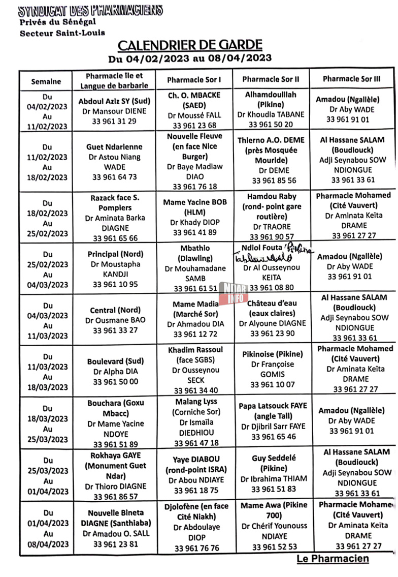 Le Calendrier des pharmacies de garde de Saint-Louis Le Calendrier des pharmacies de garde de Saint-Louis