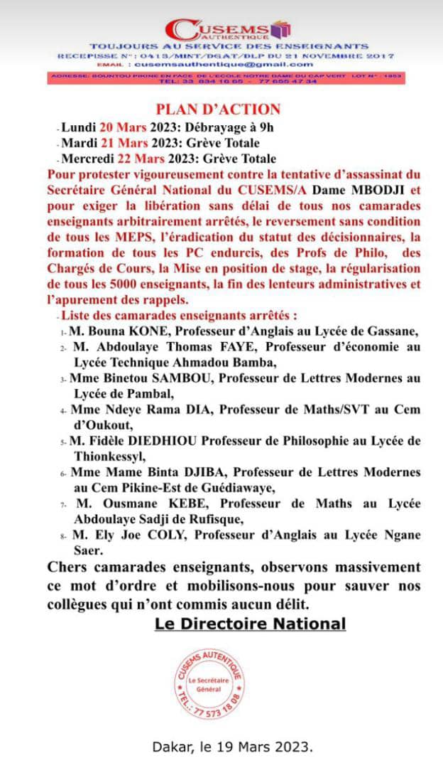 Arrestations d’enseignants : le Cusems décrète une grève totale, mercredi Arrestations d’enseignants : le Cusems décrète une grève totale, mercredi