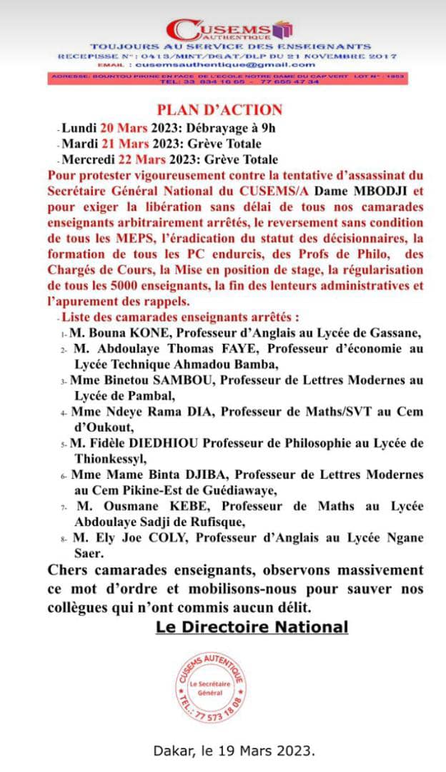 Arrestations d’enseignants : le Cusems décrète une grève totale, mercredi 