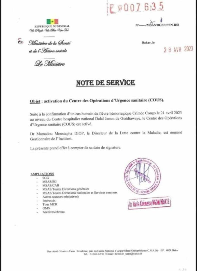 Un cas de Crimée-Congo détecté au Sénégal Un cas de Crimée-Congo détecté au Sénégal
