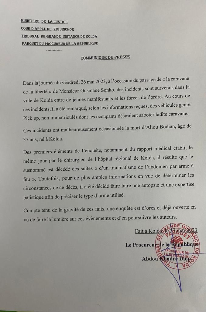 Kolda: une arme à feu à l'origine de la mort de Aliou Bodian, selon le rapport médical Kolda: une arme à feu à l'origine de la mort de Aliou Bodian, selon le rapport médical
