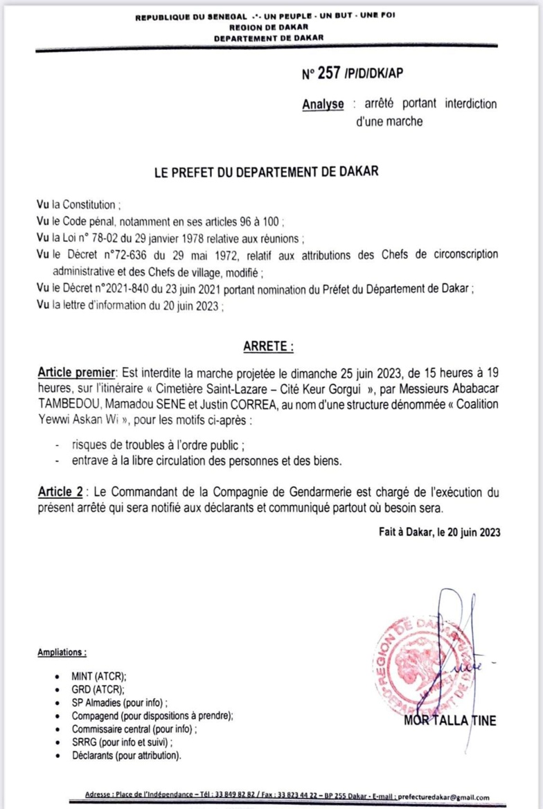 Dakar : La manifestation de Yewwi et de Walf interdites Dakar : La manifestation de Yewwi et de Walf interdites