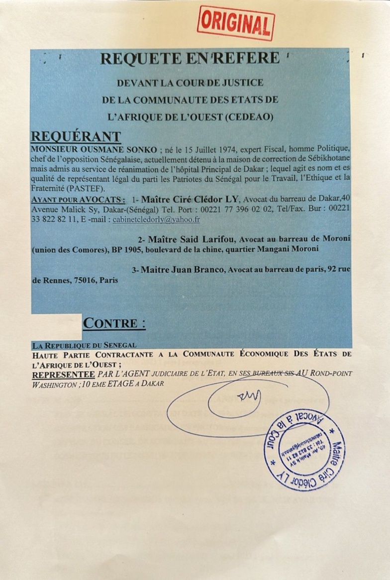 Libération d'Ousmane SONKO : ses avocats saisissent la Cour de justice de la Cedeao.