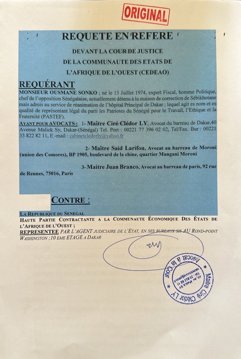 Libération d'Ousmane SONKO : ses avocats saisissent la Cour de justice de la Cedeao. Libération d'Ousmane SONKO : ses avocats saisissent la Cour de justice de la Cedeao.