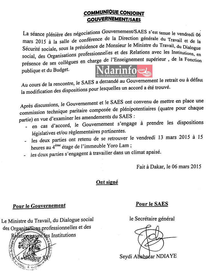 DIALOGUE ENTRE LE GOUVERNEMENT ET LE SAES : vers la mise en place d’une commission technique paritaire (communiqué) 