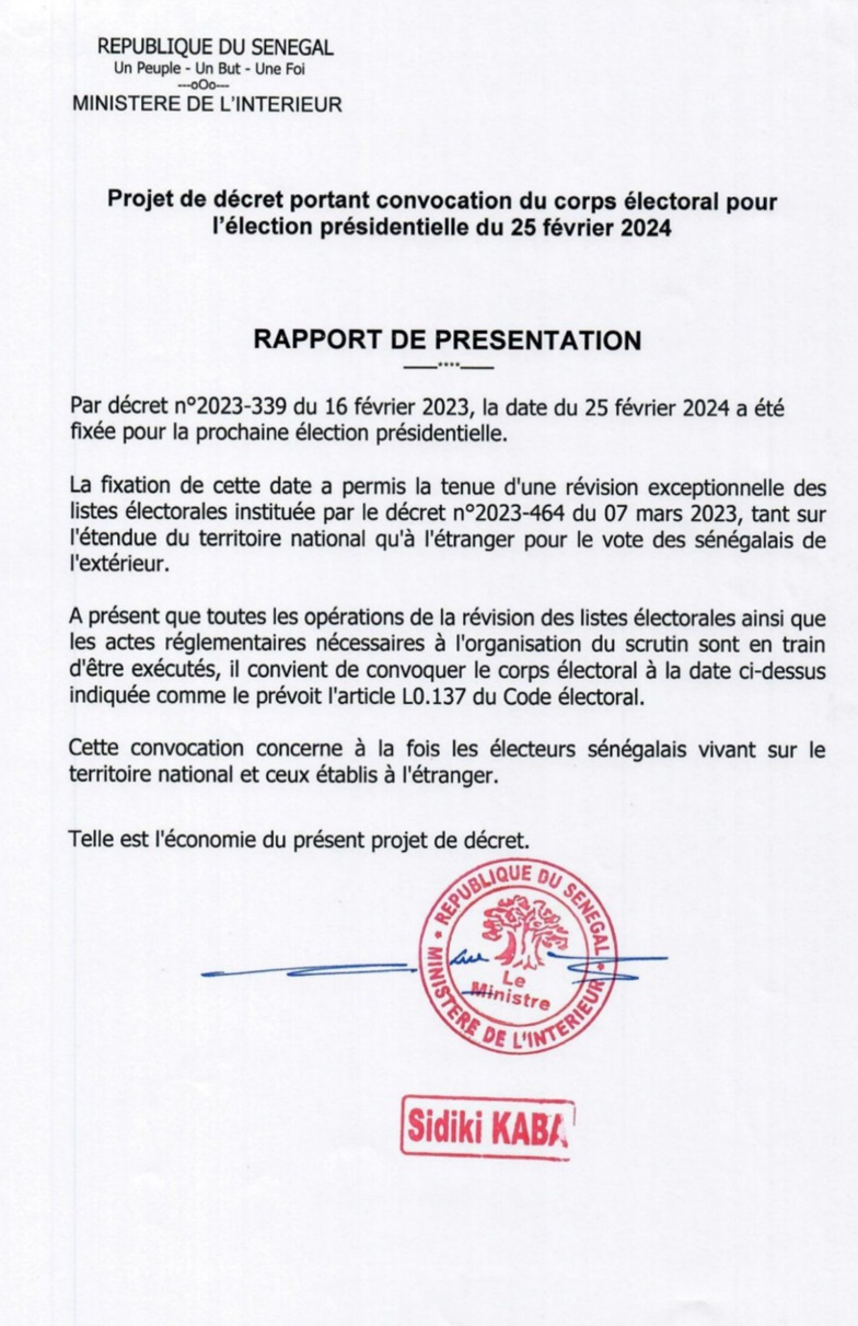 Présidentielle 2024 : Sidiki KABA convoque le corps électoral (document) Présidentielle 2024 : Sidiki KABA convoque le corps électoral (document)