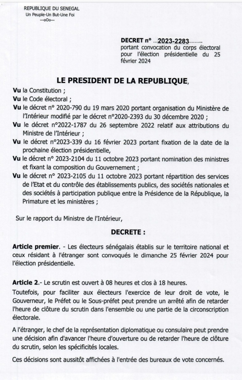 Présidentielle 2024 : Sidiki KABA convoque le corps électoral (document) Présidentielle 2024 : Sidiki KABA convoque le corps électoral (document)