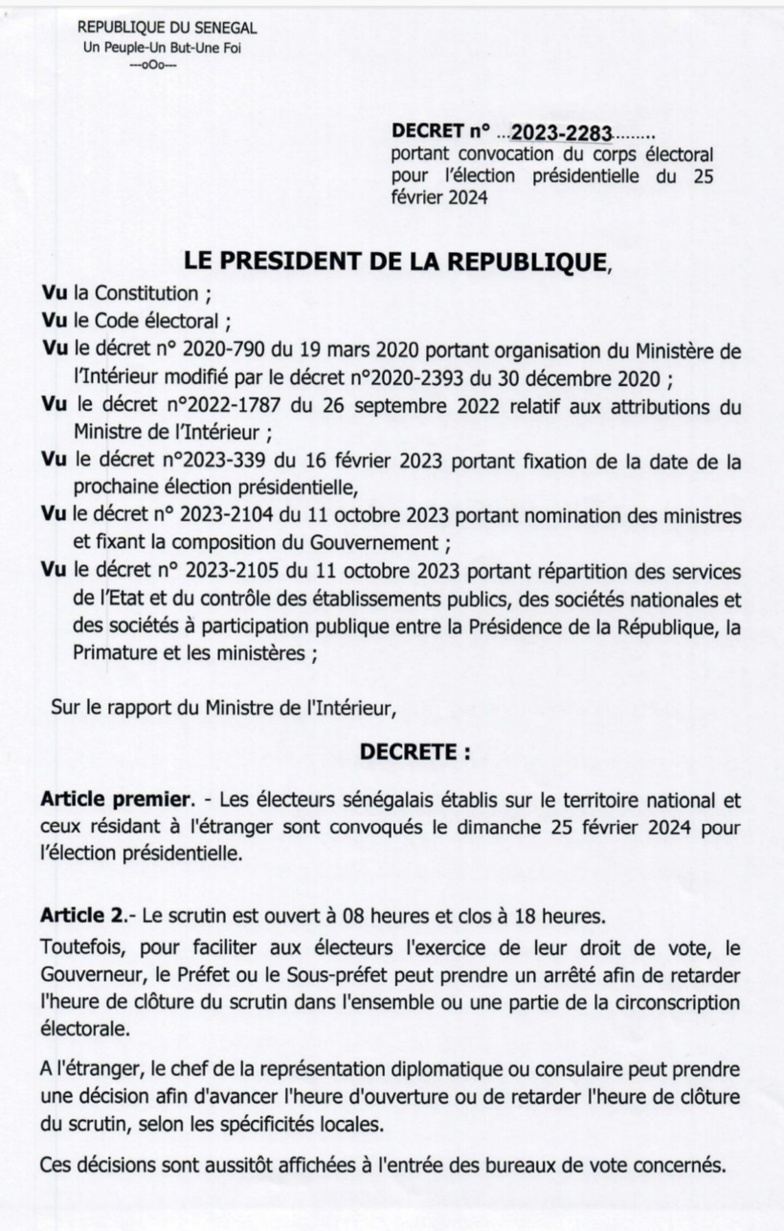 Présidentielle 2024 : Sidiki KABA convoque le corps électoral (document)
