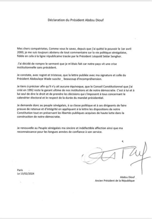 Nouveau communiqué du président DIOUF qui précise ses propos avec WADE Nouveau communiqué du président DIOUF qui précise ses propos avec WADE