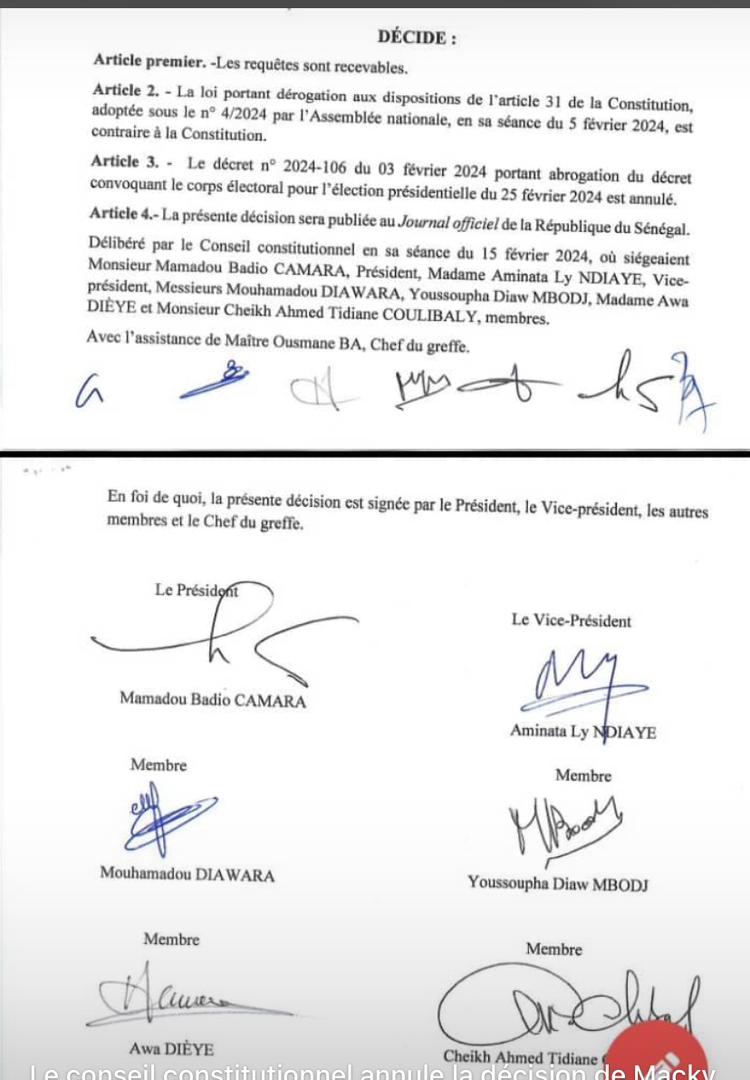 URGENT - Le conseil constitutionnel annule le décret de report de la présidentielle