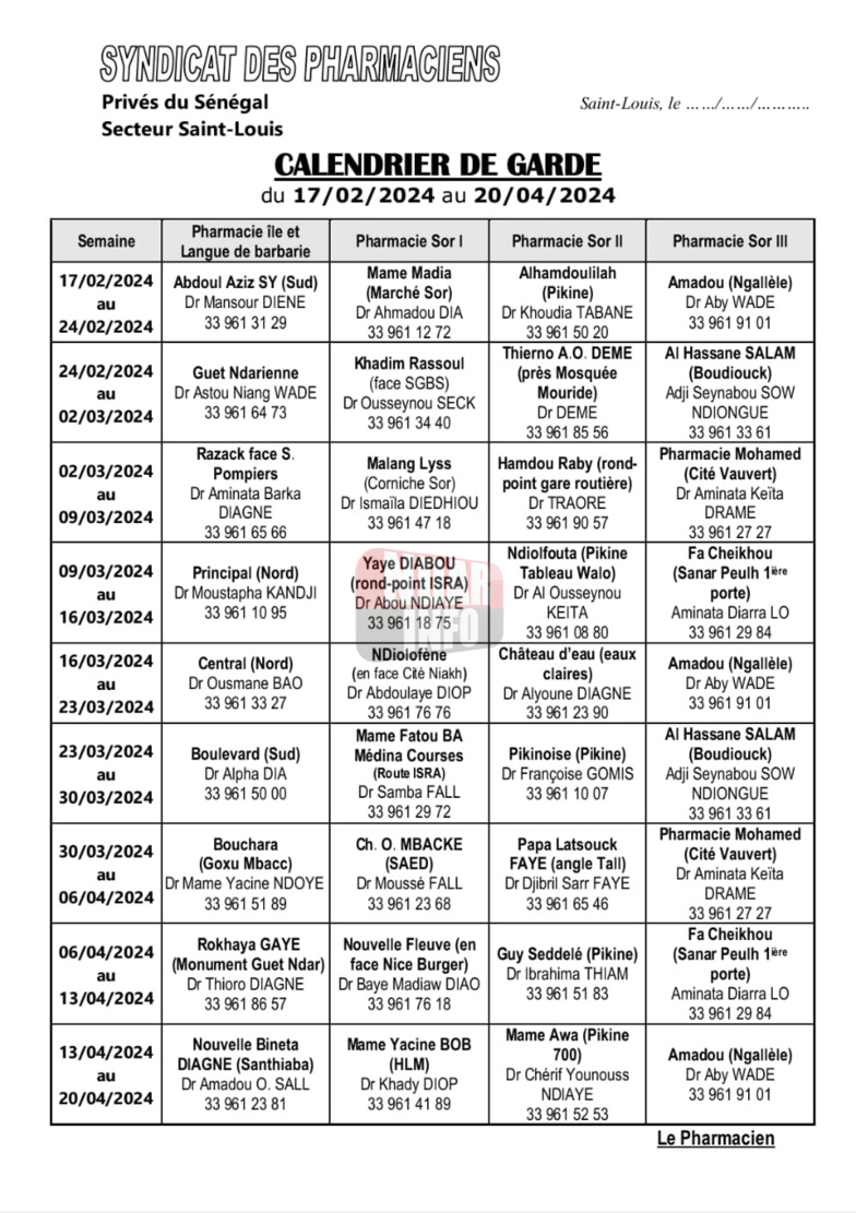 Les Pharmacies de garde de Saint-Louis (du 17 février au 20 avril 2024)