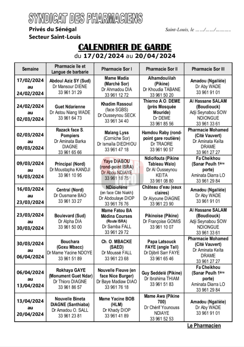 Les Pharmacies de garde de Saint-Louis (du 17 février au 20 avril 2024) Les Pharmacies de garde de Saint-Louis (du 17 février au 20 avril 2024)