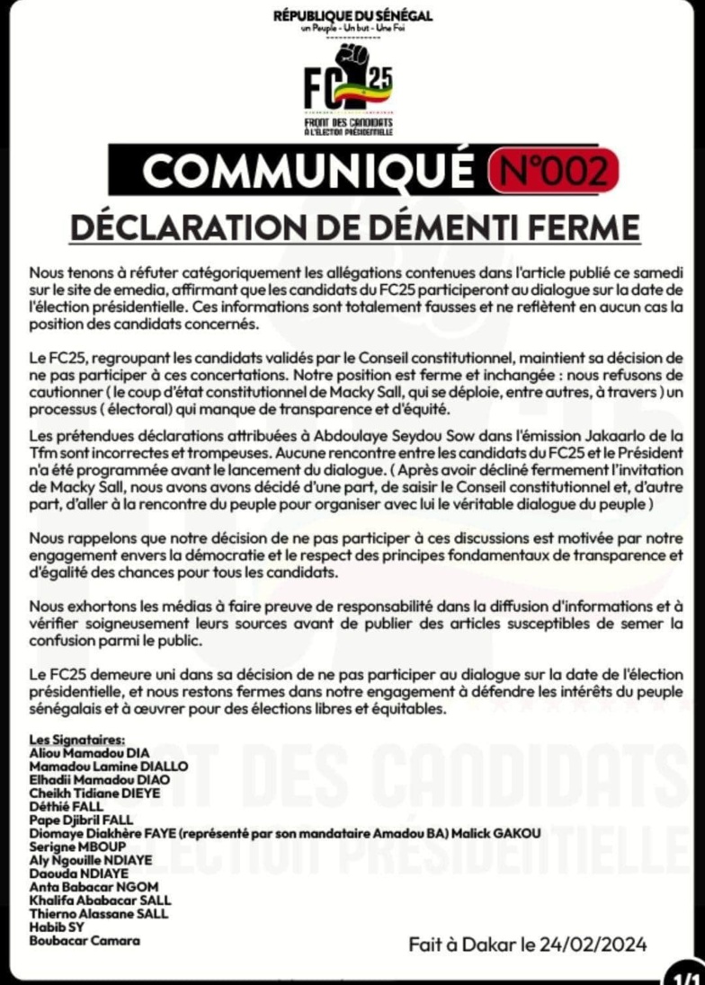 Rencontre de Macky SALL avec les candidats validés : le FC25 dément Sidiki KABA ( communiqué) Rencontre de Macky SALL avec les candidats validés : le FC25 dément Sidiki KABA ( communiqué)