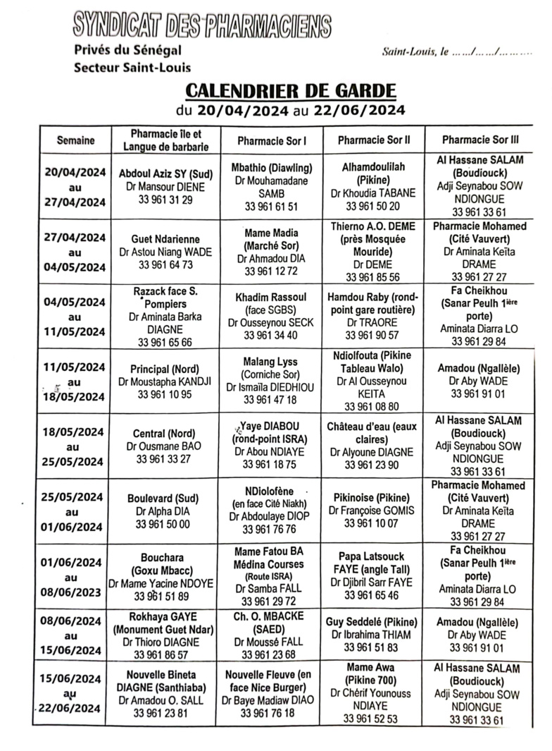 Les Pharmacies de Garde de Saint-Louis ( du 20 avril au 22 juin 2024) Les Pharmacies de Garde de Saint-Louis ( du 20 avril au 22 juin 2024)