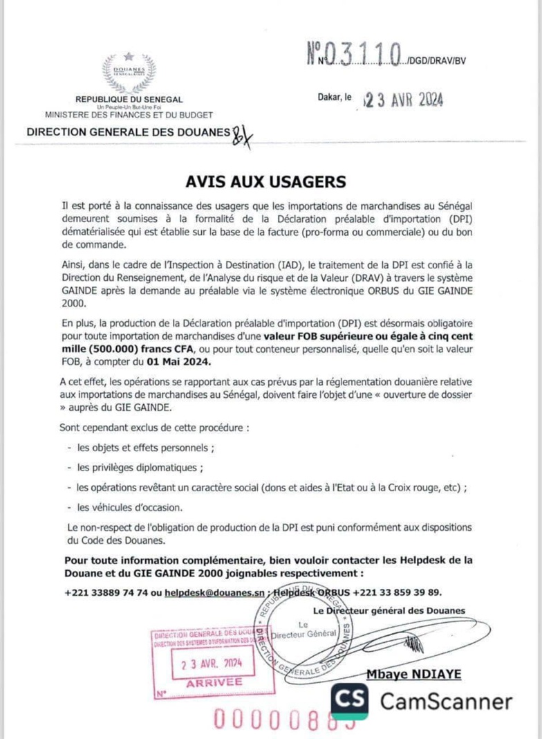 Importation : désormais, la DPI est obligatoire à partir de 500 mille FFCFA ( Douane) Importation : désormais, la DPI est obligatoire à partir de 500 mille FFCFA ( Douane)