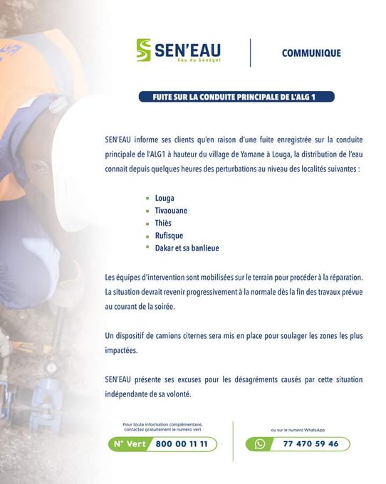 Fuite sur une conduite principale  : le SENEAU annonce des coupures d'eau dans plusieurs localités Fuite sur une conduite principale  : le SENEAU annonce des coupures d'eau dans plusieurs localités