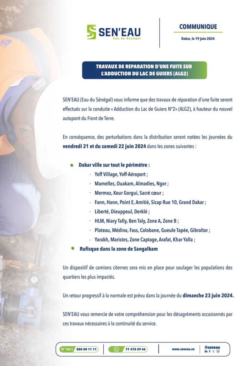 La ville de Dakar va connaître une pénurie d’eau vendredi et samedi La ville de Dakar va connaître une pénurie d’eau vendredi et samedi