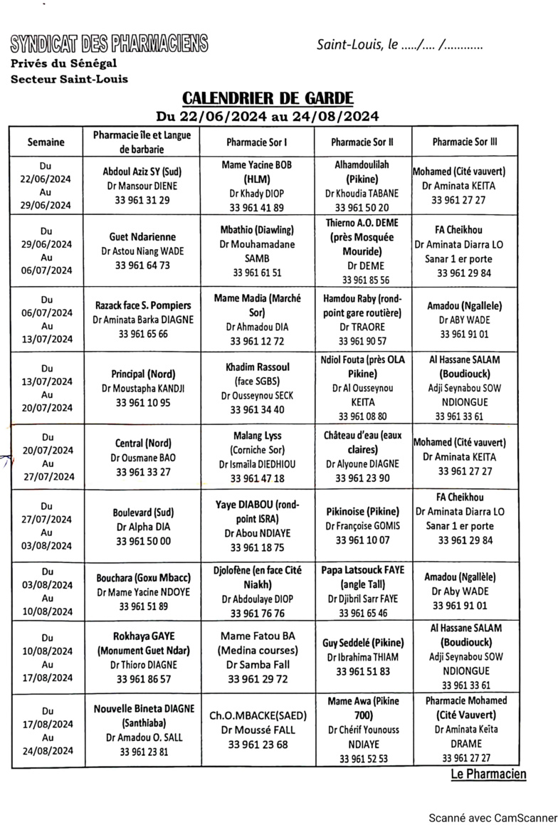 Les Pharmacies de garde de Saint-Louis (Juin - Août 2024) Les Pharmacies de garde de Saint-Louis (Juin - Août 2024)