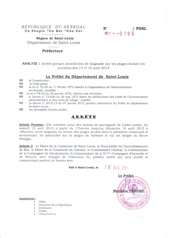 URGENT: Interdiction de la baignade sur les plages de Saint-Louis, le 15 et 16 août 2015 ( arrêté préfectoral). URGENT: Interdiction de la baignade sur les plages de Saint-Louis, le 15 et 16 août 2015 ( arrêté préfectoral).