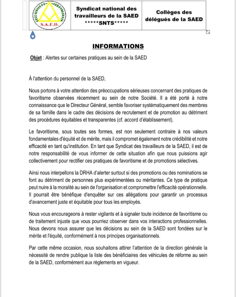 Recrutements à la SAED : le personnel vilipende Aboubacry SOW, accusé de favoriser sa famille Recrutements à la SAED : le personnel vilipende Aboubacry SOW, accusé de favoriser sa famille