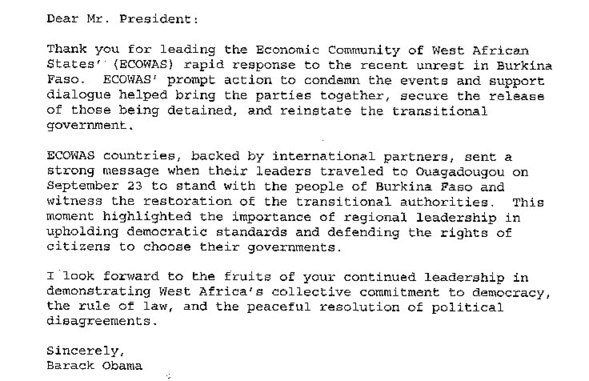 DOCUMENT - La Lettre d'OBAMA au Président Macky SALL