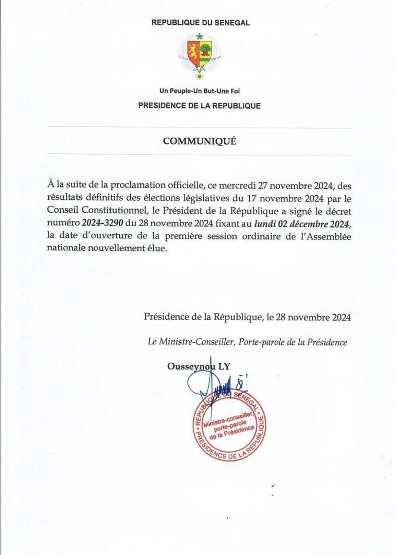 Ouverture de la première session de l’Assemblée nationale : Diomaye fixe le lundi 2 décembre prochain Ouverture de la première session de l’Assemblée nationale : Diomaye fixe le lundi 2 décembre prochain