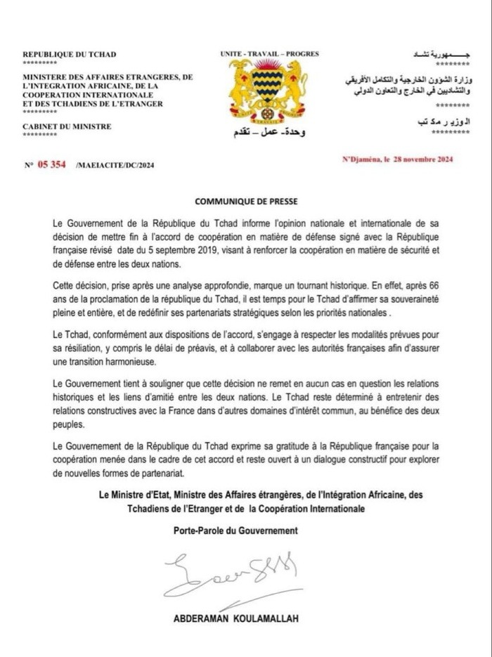 Le Tchad met fin à ses accords de coopération de défense avec la France Le Tchad met fin à ses accords de coopération de défense avec la France
