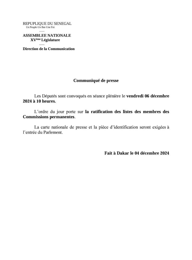 Assemblée nationale : Les députés convoqués pour une plénière vendredi Assemblée nationale : Les députés convoqués pour une plénière vendredi
