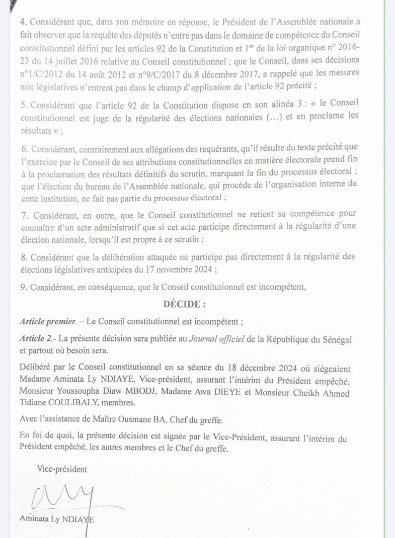 Recours portant sur l’annulation du bureau de l’Assemblée nationale : le Conseil constitutionnel donne raison au président El Malick Ndiaye Recours portant sur l’annulation du bureau de l’Assemblée nationale : le Conseil constitutionnel donne raison au président El Malick Ndiaye