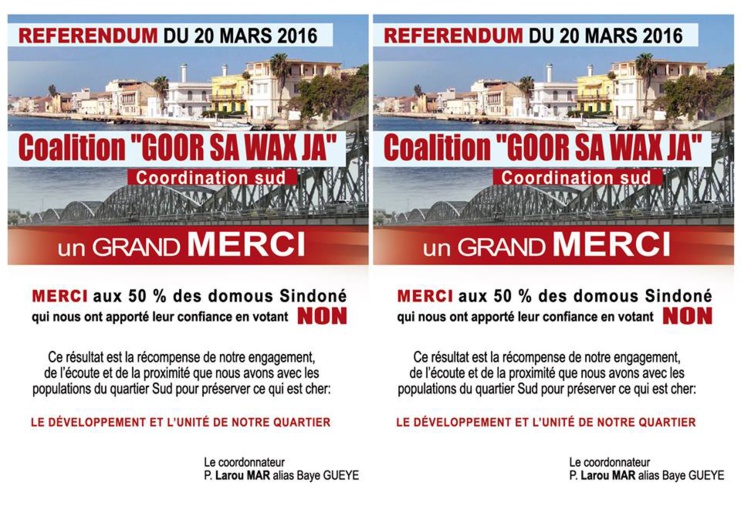 RÉFÉRENDUM - QUARTIER SUD : le MPCL et la Coalition "Gorr sa Wax Ja" résistent. RÉFÉRENDUM - QUARTIER SUD : le MPCL et la Coalition "Gorr sa Wax Ja" résistent.