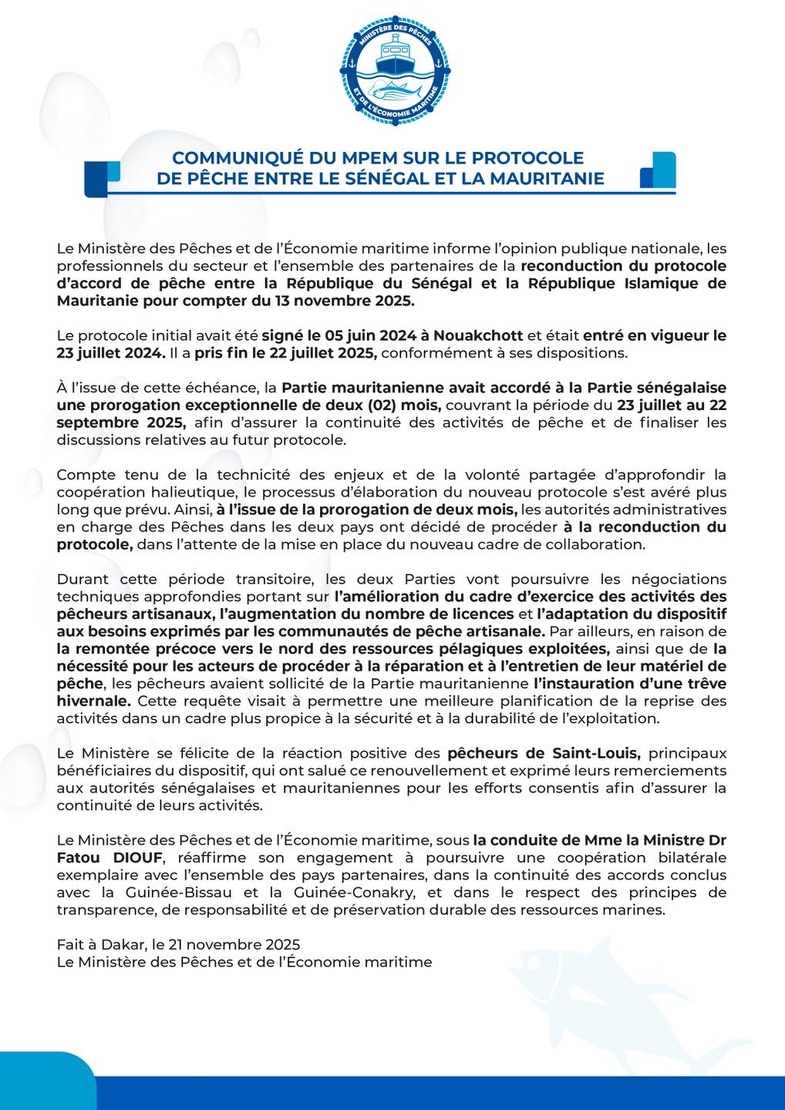 Pêche artisanale : reconduction du protocole entre le Sénégal et la Mauritanie ( document)