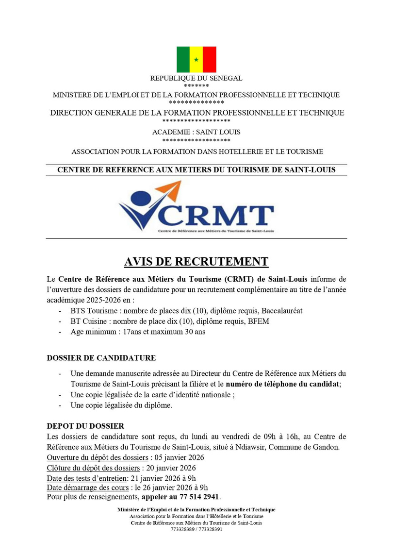 Saint-Louis : Le Centre de Référence aux Métiers du Tourisme recrute 20 étudiants en BTS et BT